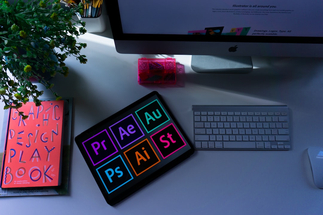 Collage of AI-generated graphics: logos, social media posts, and photo edits on a designer's screen.